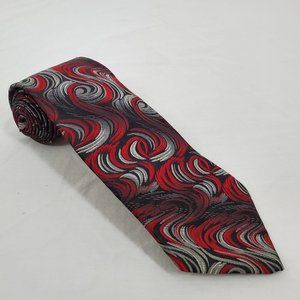 Pierre Cardin Silk Necktie Red Black Silver Abstract Swirl Pattern Made in U.S.A